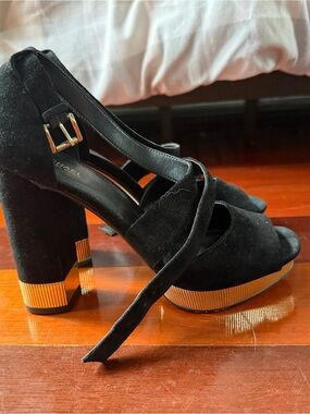 Michael Kors Black Suede Platform Block Heel Sandals with Gold Trim